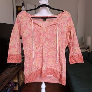 Eddie Bauer Pink and Orange Floral Print Boho Tunic 100% Cotton